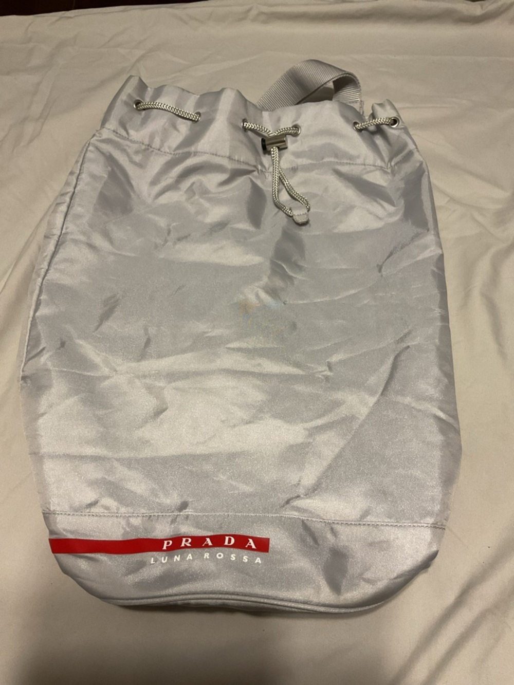 Prada Satin Silver Drawstring Shoulder Tote with White Rope